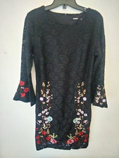 DESIGUAL VESTITO ELEGANTE NERO PIZZO FLOREALE STILE ORIENTALE LACE TAGLIA 38