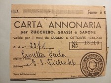 Reggio Emilia. Carta Annonaria per zucchero, grassi, sapone. Da Lug. a Ott. 1943