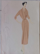 Figurino di moda anni 50-60 disengato e colorato a mano