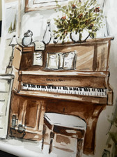 Elegante Pianoforte in Salotto - Acquerello Originale su Carta, Arte d’Interni