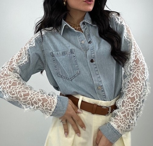 Camicia denim jeans con pizzo - camicia,