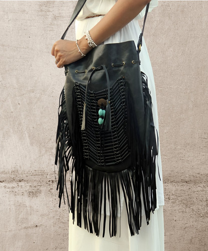 Borsa boho con frange - , pelle