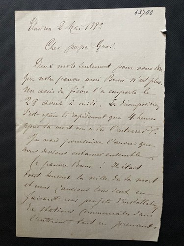 French autograph letter - , 1889