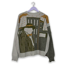 Maglione Vintage misto lana a girocollo grigio con disegno - Taglia 52 uomo