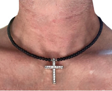 Collana con croce di pietre dure onice nero in acciaio inox da uomo donna 50 cm