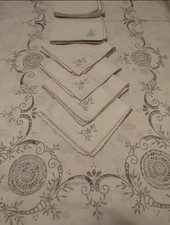 Tovaglia Vintage Rettangolare Da 12 Ricamata Con Inserti Ad Uncinetto+Tovaglioli
