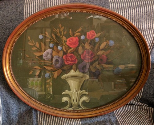 Antico olio quadro ovale - , vaso