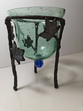 Candela/vaso sfera cobalto vetro verde Art Nouveau treppiede ferro con supporto foglie
