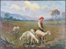 Ancien Tableau "Bergère et