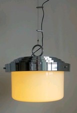 Lampada A Sospensione Vetro  A Mano Incamiciato Ottone Nichelato Anni 70 Italy