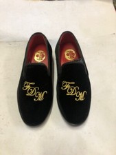 Mocassini Slippers bimbo in velluto con ricamo iniziali suola in cuoio cucita