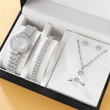 Set Luxury Orologio Bracciale Collana Orecchini Anello Strass Donna elegante