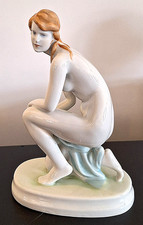 ZSOLNAY PECS FIGURE NUDE WOMAN KNEELING HUNGARIAN HAND PAINTED PORCELAIN