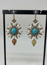 Orecchini Perle Pietre Dure Aulite Turchese E Giada Vintage Fiore Artigianali 