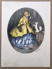 Incisione Antica Art Deco Marcel Bloch Ritratto Donna Abito Moda Cane 1920-1930