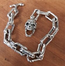 BRACCIALE UOMO ARGENTO 925 massiccio  teschio Skull Bracelet Sterling $