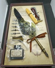 Set scrivania vintage.penna stilografica con calamaio, taglia carte con piume,Ec