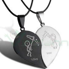 Collana doppio ciondolo pendente+laccetto cuore spezzato metà I Love You acciaio