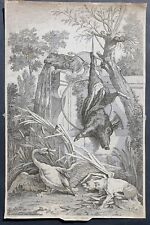 stampa antica acquaforte Oudry selvaggina cigno caccia cinghiale cane 1760