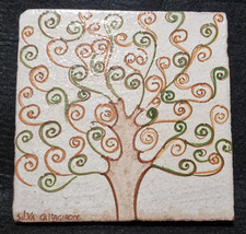 Mattonella, Piastrella Antica Terracotta Ceramica Caltagirone Dipinto Albero 