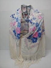 GRANDE SCIALLE PURA SETA SILK SOIE VINTAGE DONNA DA MAREN FIORI FRANGE