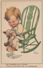 $IL/ Artist Signed-Bambino su sedia a dondolo con cagnolino  llustratore Pergine