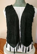 GILET casual  nero decorato con frangia nera e perline smanicato taglia M