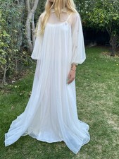 Accappatoio e camicia da notte vintage anni 60 XS Peignoir lunga nylon trasparente bianco applicazioni floreali