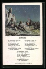 Cartolina d'artista A. Broch: Annemarie, canto da marcia, soldati scrivono posta militare in lag 