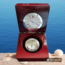 BUSSOLA & OROLOGIO Nautico DA TAVOLO MOGANO ARGENTO e ACCIAIO