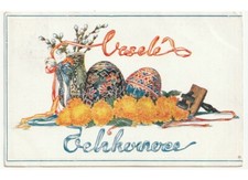 1929 centrotavola vaso fiori di salice uova decorate cartolina Pasqua Velikonoce