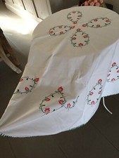 Tovaglia rotonda D134cm con ricami fatti a mano orlo ad uncinetto rosso verde 