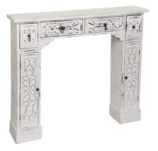 CORNICE FINTO CAMINO CAMINETTO LEGNO 2 ANTE 3 CASSETTI BIANCO ANTICATO 120*23*95