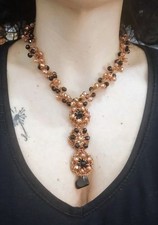 COLLANA Con Cristalli Neri E Ambra Fatta A Mano All'uncinetto 