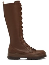 NEW Max Mara Brandt Leather Tall Boots In Brown - stivali lace-up