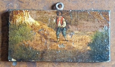 MINIATURA ANTICA DIPINTO ANTICO TELA APPLICATA CONTADINO RACCOLTO OLD PAINTING