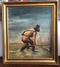 Antico quadro con cornice dorata  -Olio su tela -Ritratto di cacciatore /caccia