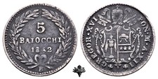 STATO PONTIFICIO Bologna 5 baiocchi 1842 RARA ARGENTO Papa Gregorio XVI anno XII