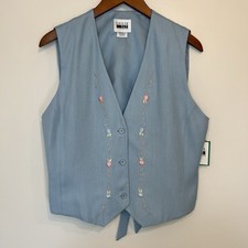 Gilet blu vintage Leslie Fay Sportswear con ricamo floreale M nuovo con etichette