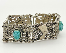 Bracciale Nefertiti Panel Link Egiziano Revival Tono Argento Turchese Scarabei Anni 60