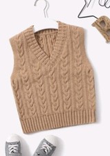 Smanicato Gilet Bambino Ragazzo Beige Marrone Lana Intrecciato Smanicato Maglia 