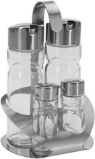 MGE - Set Olio E Aceto Con Sale E Pepe - 4 Pezzi Con Supporto in Acciaio Inox - 