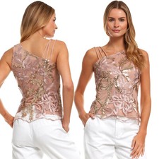 Top elegante donna cerimonia sera pizzo paillettes ricamato monospalla spalline