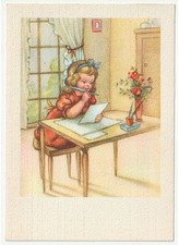 Non Viaggiata cartolina d'epoca bambina scrivania lettera calamaio vaso fiori