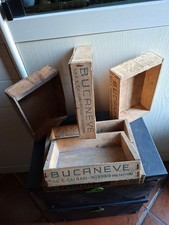 5 Antiche scatole pubblicitarie in legno BUCANEVE E ROBIOLINA INVERNIZZI
