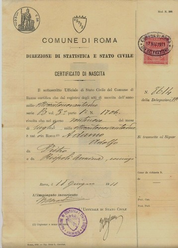 Certificato nascita 1911 - certificato,