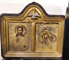 Antica bacheca devozionale, Due icone russe- Cristo e Madonna- Arte sacra '800