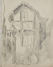 ANTICO DISEGNO dipinto Scuola Francese del 900 MATITA SU CARTA PROSPETTO DI CASA