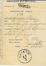Ricevuta del vaglia. Poste Italiane 17.3.1871, timbri L.V. di VICENZA e THIENE