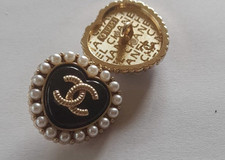2 Chanel Buttons 23 mm Black Pearl  Heart Gold Tone Metal